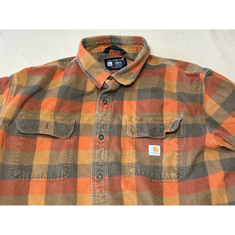 Carhartt Loose Fit Flannel Shirt Mens XL Orange Brown Plaid 105078 BRN Workwear - Picture 3 of 7